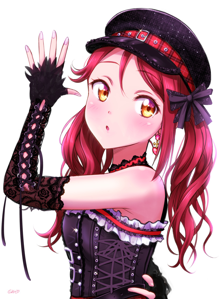 1girl bangs black_gloves blush breasts ckst commentary_request earrings elbow_gloves eyebrows_visible_through_hair fingerless_gloves gloves hair_ribbon hat highres jewelry long_hair love_live! love_live!_sunshine!! red_hair ribbon sakurauchi_riko sidelocks signature small_breasts solo twintails upper_body yellow_eyes