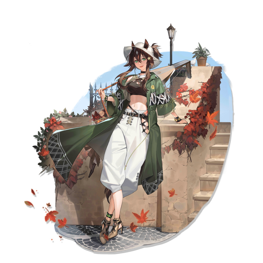 1girl :d animal_ears anklet arknights autumn_leaves bangs black_choker black_shirt breasts brown_hair choker coat crop_top ears_through_headwear flower_pot full_body green_coat green_eyes grey_footwear hair_between_eyes high_heels highres hip_vent horse_ears hug_(yourhug) infection_monitor_(arknights) jewelry large_breasts long_sleeves looking_at_viewer meteor_(arknights) meteor_(bard's_holiday)_(arknights) midriff navel official_alternate_costume official_art open_clothes open_coat open_mouth pants plant potted_plant shirt short_hair_with_long_locks sidelocks smile solo standing stomach transparent_background white_headwear white_pants wide_sleeves