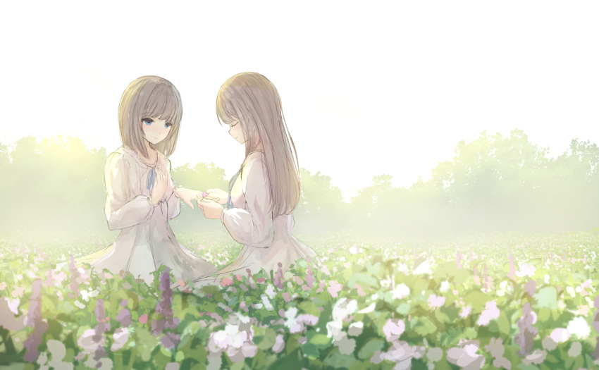 2girls bangs blue_eyes breasts brown_hair commentary_request day dress eyebrows_visible_through_hair field flower flower_field long_hair long_sleeves missile228 multiple_girls original outdoors pink_flower puffy_long_sleeves puffy_sleeves purple_flower small_breasts white_dress white_flower