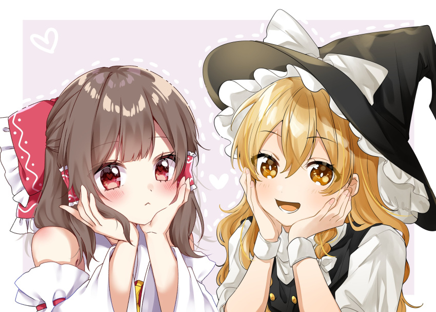 2girls bangs bare_shoulders black_dress black_headwear blonde_hair blush border bow braid brown_eyes brown_hair buttons closed_mouth collaboration collar collared_dress commentary detached_sleeves dress eyebrows_visible_through_hair eyes_visible_through_hair hair_between_eyes hair_bow hair_ornament hair_tubes hakurei_reimu hands_on_own_face hands_up hat hat_bow heart highres kirisame_marisa kiritani_(kiritani1210) long_hair long_sleeves looking_at_viewer multiple_girls necktie open_mouth puffy_short_sleeves puffy_sleeves purple_background red_bow red_dress red_eyes shinonome_asu shirt short_hair short_sleeves single_braid sitting smile teeth tongue touhou white_border white_bow white_shirt wide_sleeves witch_hat wrist_cuffs yellow_necktie yuri
