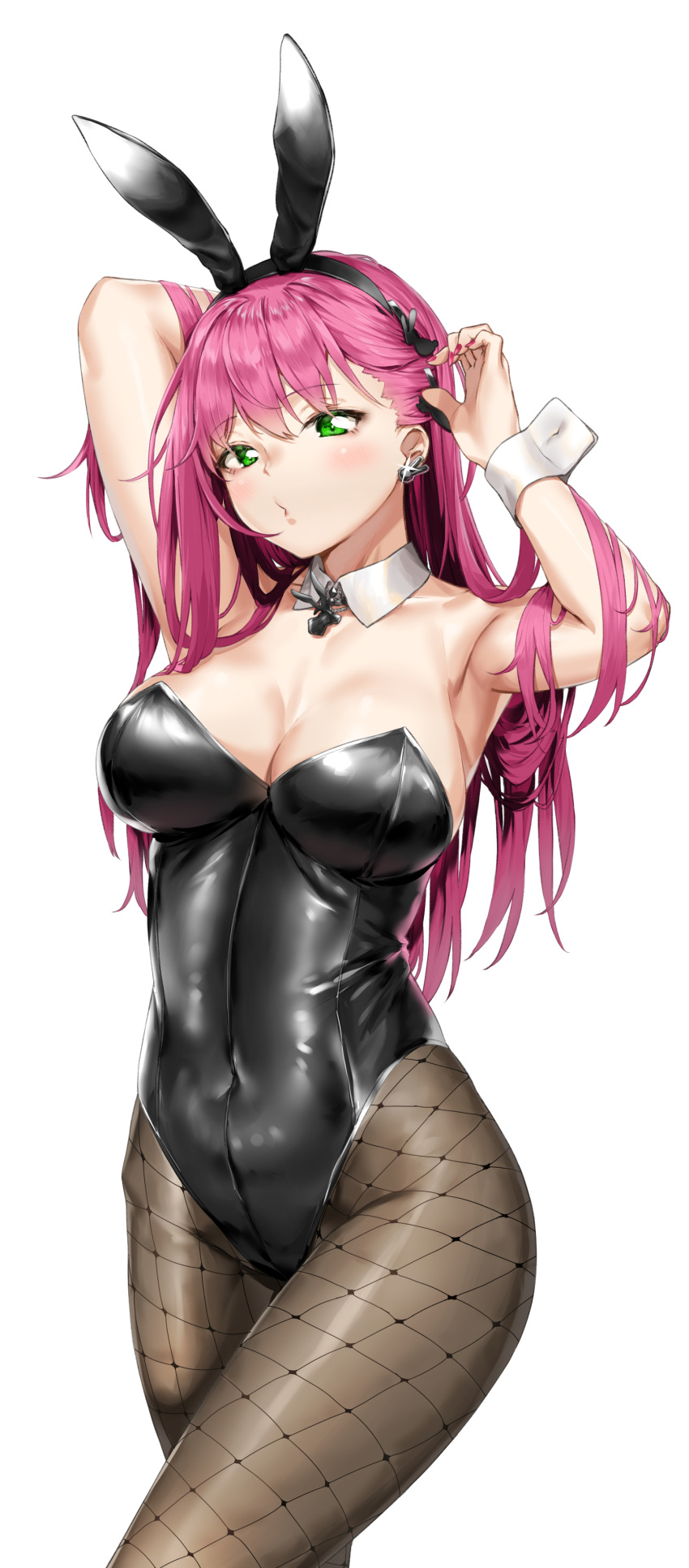 1girl absurdres animal_ears arms_behind_head azur_lane black_leotard blush breasts bunny cleavage collarbone commentary_request covered_navel cowboy_shot crossed_legs detached_collar eyebrows_visible_through_hair fake_animal_ears fishnet_legwear fishnets glint green_eyes hair_between_eyes highres jewelry large_breasts leotard long_hair looking_at_viewer memphis_(azur_lane) nail_polish necklace pantyhose pink_hair pink_nails pixel_(yuxian) playboy_bunny puckered_lips rabbit_ears shiny shiny_clothes simple_background wrist_cuffs