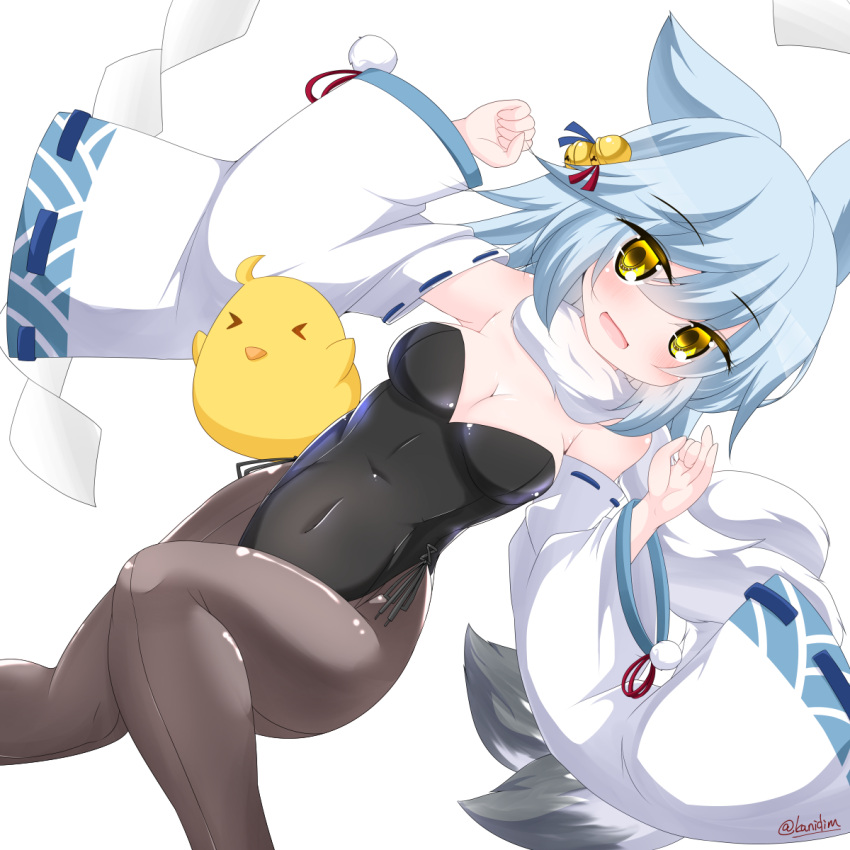 &gt;_&lt; 1girl animal_ears azur_lane bangs bare_shoulders bell black_leotard blue_hair breasts brown_legwear cleavage commentary_request covered_navel detached_sleeves eyebrows_visible_through_hair feet_out_of_frame fubuki_(azur_lane) hair_bell hair_between_eyes hair_ornament hands_up highres jingle_bell kanijiru knees_together_feet_apart leotard long_sleeves manjuu_(azur_lane) medium_breasts pantyhose playboy_bunny ribbon-trimmed_sleeves ribbon_trim shide solo strapless strapless_leotard twitter_username white_sleeves wide_sleeves yellow_eyes