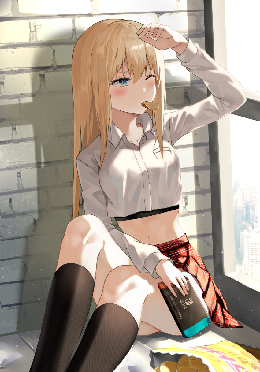 1girl absurdres arm_up bangs black_legwear blonde_hair blush breast_pocket brown_skirt chips closed_mouth collarbone collared_shirt commentary_request crop_top food food_in_mouth hair_between_eyes highres holding kneehighs knees_up long_hair long_sleeves midriff navel nintendo_switch one_eye_closed original pleated_skirt pocket purple_eyes shading_eyes shirt sidelocks sitting skirt socks solo thighs white_shirt wrist_cuffs yeolyeo