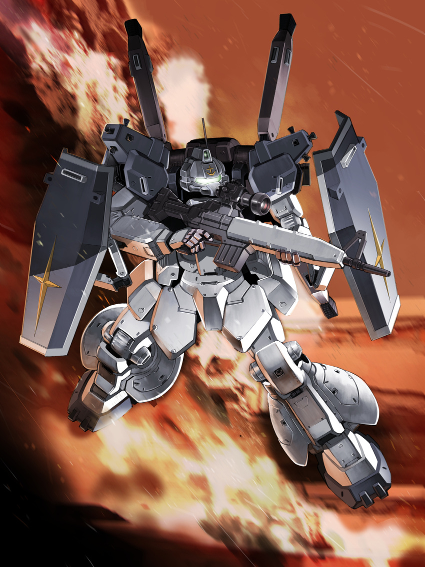 earth_federation fire gelgoog_federation_type gun gundam gundam_thunderbolt highres holding holding_gun holding_weapon looking_ahead mecha mobile_suit no_humans radio_antenna sakura_mizuki_(artist) science_fiction scope shield visor weapon