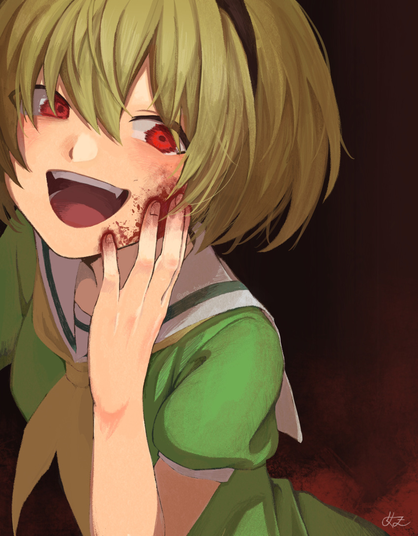 1girl :d absurdres bangs black_hairband blonde_hair blood blood_on_face blood_on_hands bob_cut commentary dress emoriza eyes_visible_through_hair fangs green_dress hairband hand_on_own_cheek hand_on_own_face highres higurashi_no_naku_koro_ni houjou_satoko looking_at_viewer neckerchief open_mouth puffy_short_sleeves puffy_sleeves red_background red_eyes sailor_collar short_hair short_sleeves signature smile solo teeth upper_body upper_teeth white_sailor_collar yellow_neckerchief