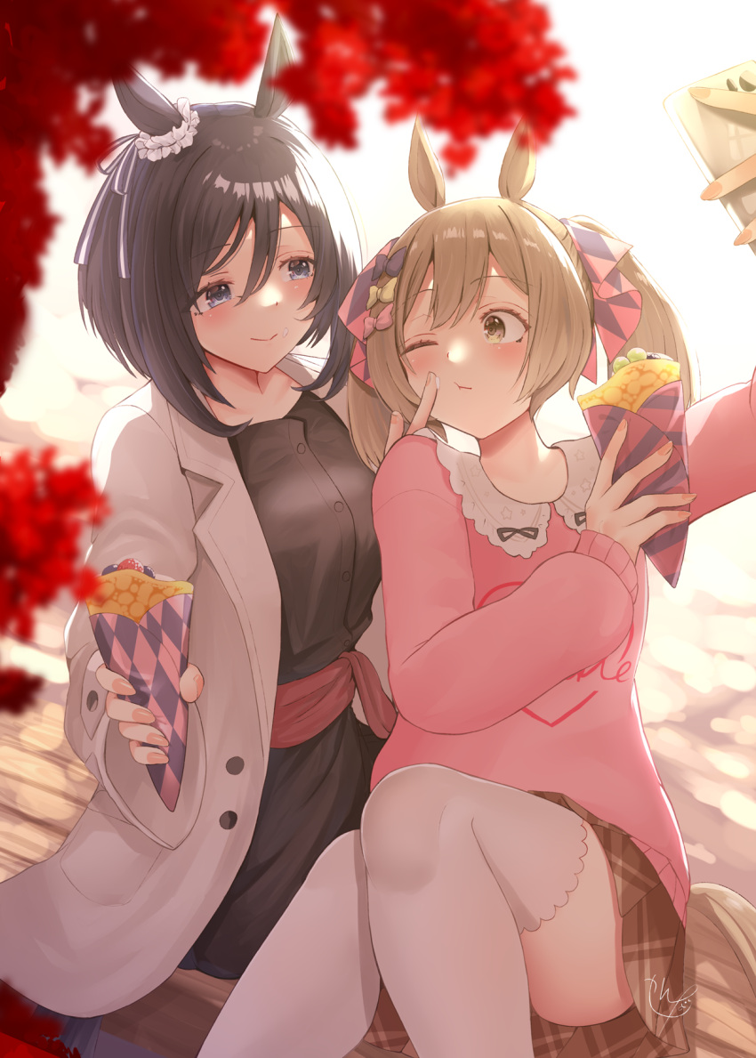 2girls animal_ears black_dress black_hair blue_eyes blush bow brown_eyes brown_hair brown_skirt buttons cellphone closed_mouth coat crepe dress eishin_flash_(umamusume) food hair_bow highres holding holding_food holding_phone horse_ears horse_girl horse_tail long_hair long_sleeves multiple_girls narushima_kanna one_eye_closed open_clothes open_coat phone pink_bow pink_shirt pleated_skirt purple_bow shirt short_hair signature skirt smart_falcon_(umamusume) smartphone smile tail twintails umamusume white_coat yellow_bow