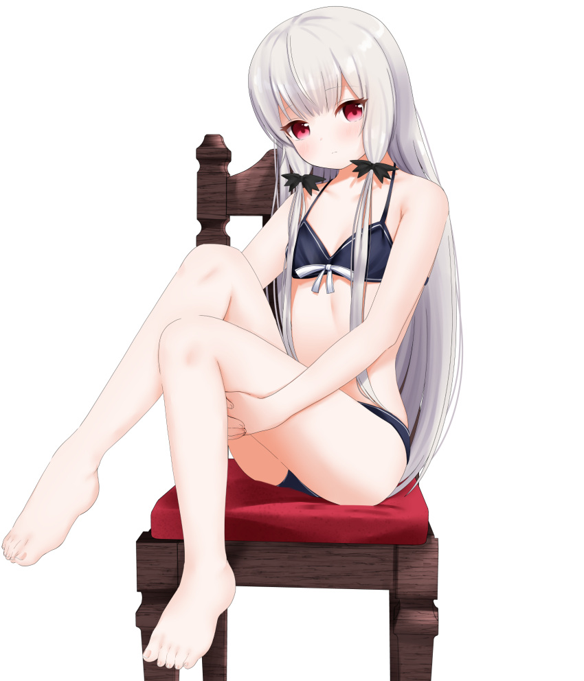 1girl barefoot bikini black_bikini blush breasts chair expressionless feet full_body highres knees_up legs long_hair looking_at_viewer mizunoiruka red_eyes silver_hair simple_background sitting small_breasts solo sophie_twilight swimsuit thighs toes tonari_no_kyuuketsuki-san white_background