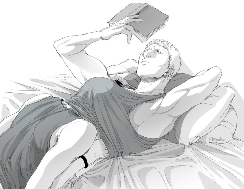 2boys bertolt_hoover book brown_hair clothes_lift couple feet_out_of_frame head_under_clothes holding holding_book lying male_focus multiple_boys nene_(10575936) on_back pectorals reiner_braun shingeki_no_kyojin shirt_lift short_hair sidepec tank_top toned toned_male yaoi