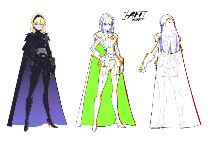 1girl am_(star_wars) armor bangs black_cape black_gloves black_hairband black_skirt blonde_hair breasts cape character_name character_sheet concept_art galactic_empire gloves hairband hand_on_hip koyama_shigeto long_hair medium_breasts multiple_tails official_art open_hand production_art purple_eyes skirt star_wars star_wars:_visions tail trigger_(company) v-shaped_eyebrows white_background