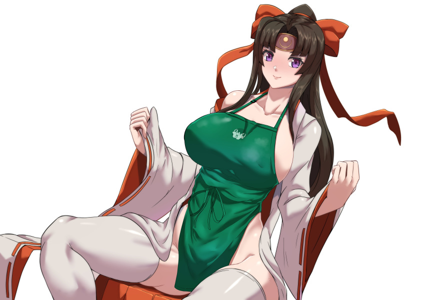 1girl absurdres apron bangs black_hair blush breasts closed_mouth collared_shirt hakama headband highres iced_latte_with_breast_milk_(meme) japanese_clothes kimono large_breasts long_hair long_sleeves looking_at_viewer meme miko musha_miko_tomoe nearly_naked_apron no_panties parted_bangs ponytail purple_eyes queen's_blade red_hakama shirt simple_background smile thighhighs tomoe torahime_(roland00) undressing white_kimono white_legwear wide_sleeves