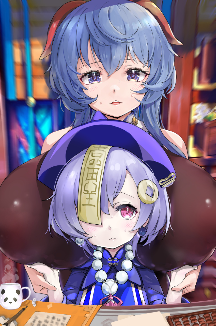 2girls alternate_breast_size bead_necklace beads between_breasts blue_hair blush breast_grab breast_rest breasts cup ganyu_(genshin_impact) genshin_impact grabbing half-closed_eyes hat highres horns huge_breasts jewelry jiangshi kntrs_(knyrs) looking_at_viewer multiple_girls necklace panda purple_eyes purple_hair qiqi_(genshin_impact) sweatdrop talisman