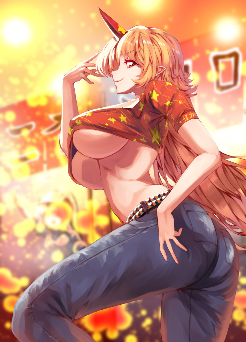 1girl absurdres ass bangs blonde_hair blurry blurry_background breasts closed_mouth colored_eyelashes cowboy_shot crop_top dancing denim eyebrows_visible_through_hair festival hand_up highres hip_focus horns hoshiguma_yuugi huge_breasts leaf_print light_particles lights long_hair looking_at_viewer looking_to_the_side pants parted_bangs pocket pointy_ears red_eyes red_horns red_shirt shiny shiny_clothes shirt sidelocks single_horn smile solo spiked_belt star_(symbol) star_print stomach sunyup touhou translation_request underboob very_long_hair