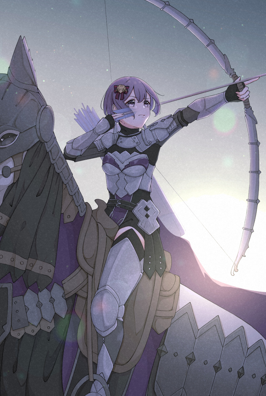 1girl absurdres aiming armor arrow_(projectile) bangs barding bernadetta_von_varley boobplate bow bow_(weapon) breastplate commentary_request commission fire_emblem fire_emblem:_three_houses grey_eyes hair_bow highres holding holding_bow_(weapon) holding_weapon horse leg_armor purple_hair quiver riding saddle short_hair skeb_commission sky solo star_(sky) starry_sky thighhighs vambraces weapon yoshioka_machiko