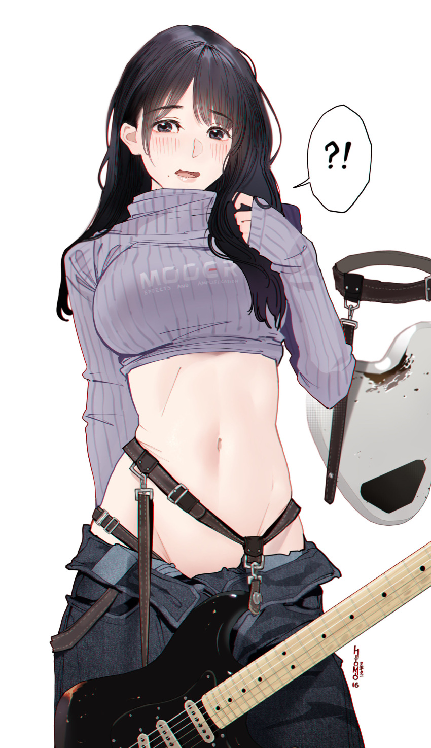 !? 1girl absurdres artist_name bangs black_hair black_pants blush chinese_commentary commentary_request cowboy_shot crop_top eyebrows_visible_through_hair grey_shirt guitar guitar_little_sister_(hitomi_o) highres hitomi_o instrument long_hair long_sleeves midriff navel open_mouth original pants print_shirt ribbed_shirt shirt simple_background sleeves_past_wrists solo white_background