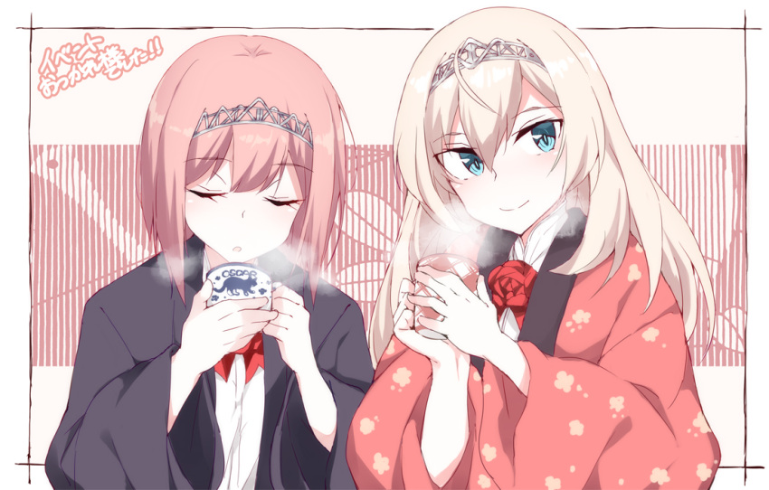 2girls ark_royal_(kancolle) blonde_hair blue_eyes blush closed_mouth flower hair_between_eyes hairband happi japanese_clothes kantai_collection long_hair long_sleeves multiple_girls parted_lips red_flower red_hair red_ribbon red_rose ribbon rose shigino_sohuzi short_hair smile tiara upper_body victorious_(kancolle) wide_sleeves
