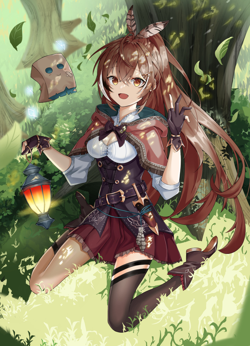 1girl absurdres ahoge asymmetrical_legwear bag bangs belt black_hair boots bow bowtie breasts brown_eyes brown_hair cleavage cloak corset crossed_bangs dagger day feather_hair_ornament feathers friend_(nanashi_mumei) frilled_skirt frills full_body gears gloves grass hair_between_eyes hair_ornament hairclip hand_up highres holding holding_lantern hololive hololive_english kd_(kdh45689) knife lantern leaf long_hair looking_at_viewer medium_breasts multicolored_hair nanashi_mumei open_mouth outdoors partially_fingerless_gloves pleated_skirt ponytail red_skirt runes sheath sheathed shirt shrug_(clothing) single_thighhigh sitting skirt smile streaked_hair thighhighs tree underbust virtual_youtuber wariza weapon white_hair white_shirt