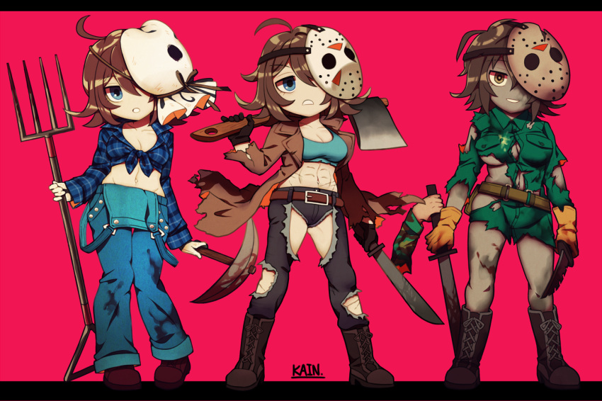 1girl :o abs ahoge axe bag_over_head bishoujo_terror blood blood_on_clothes blood_on_weapon blue_eyes breasts brown_eyes brown_hair brown_jacket chibi denim evil_smile evolution eyebrows eyebrows_visible_through_hair friday_the_13th gloves green_shirt horror_(theme) jacket jason_voorhees jason_voorhees_(kotobukiya_bishoujo) jeans kain_(hurghada) knife kotobukiya_bishoujo large_breasts machete mask_over_one_eye no_pants overalls pants pickaxe pitchfork shirt short_hair signature smile tomboy torn_clothes torn_shirt transformation weapon yellow_gloves zombie