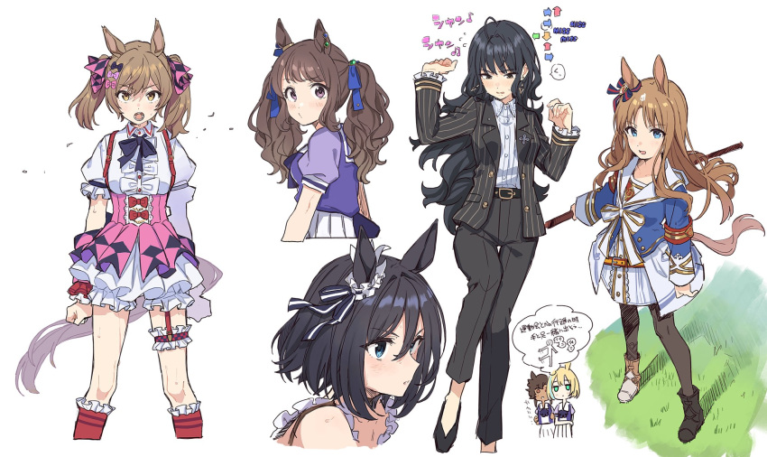 6+girls ahoge animal_ears armband arms_at_sides arrow_(symbol) asymmetrical_footwear bangs beamed_eighth_notes belt belt_buckle bitter_glasse_(umamusume) black_hair black_jacket black_legwear black_pants blue_eyes blush brown_eyes brown_hair buckle center_frills chibi chibi_inset clenched_hands collared_shirt cropped_legs cropped_torso dress earrings eighth_note eishin_flash_(umamusume) eyebrows_visible_through_hair frills from_side garter_straps grass_wonder_(umamusume) hair_ornament hair_ribbon hair_scrunchie highres holding horse_ears horse_girl horse_tail jacket jewelry kashimoto_riko leg_garter little_cocon_(umamusume) long_hair long_sleeves looking_at_viewer mismatched_footwear multiple_girls musical_note neck_ribbon open_clothes open_jacket open_mouth pants parted_lips pink_skirt puffy_sleeves ribbon sailor_collar school_uniform scrunchie shirt shirt_tucked_in short_hair short_twintails simple_background skirt smart_falcon_(umamusume) speech_bubble standing suit_jacket suspender_skirt suspenders sweat tail teshima_nari thought_bubble tosen_jordan_(umamusume) tracen_school_uniform translation_request twintails umamusume upper_body white_background white_dress yellow_eyes