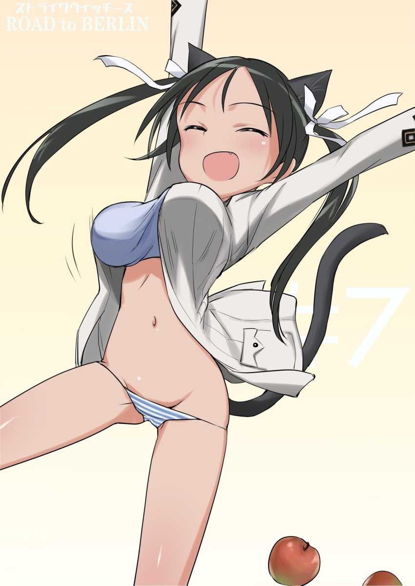 1girl alternate_breast_size animal_ears aohashi_ame apple arms_up black_hair blue_panties blue_sports_bra bouncing_breasts breasts cat_ears cat_tail closed_eyes commentary_request copyright_name facing_viewer fang food francesca_lucchini fruit groin hair_ribbon highres jacket long_hair long_sleeves motion_blur navel no_pants open_clothes open_jacket open_mouth panties ribbon smile solo sports_bra standing strike_witches striped striped_panties tail tan translated twintails underwear white_jacket white_ribbon world_witches_series
