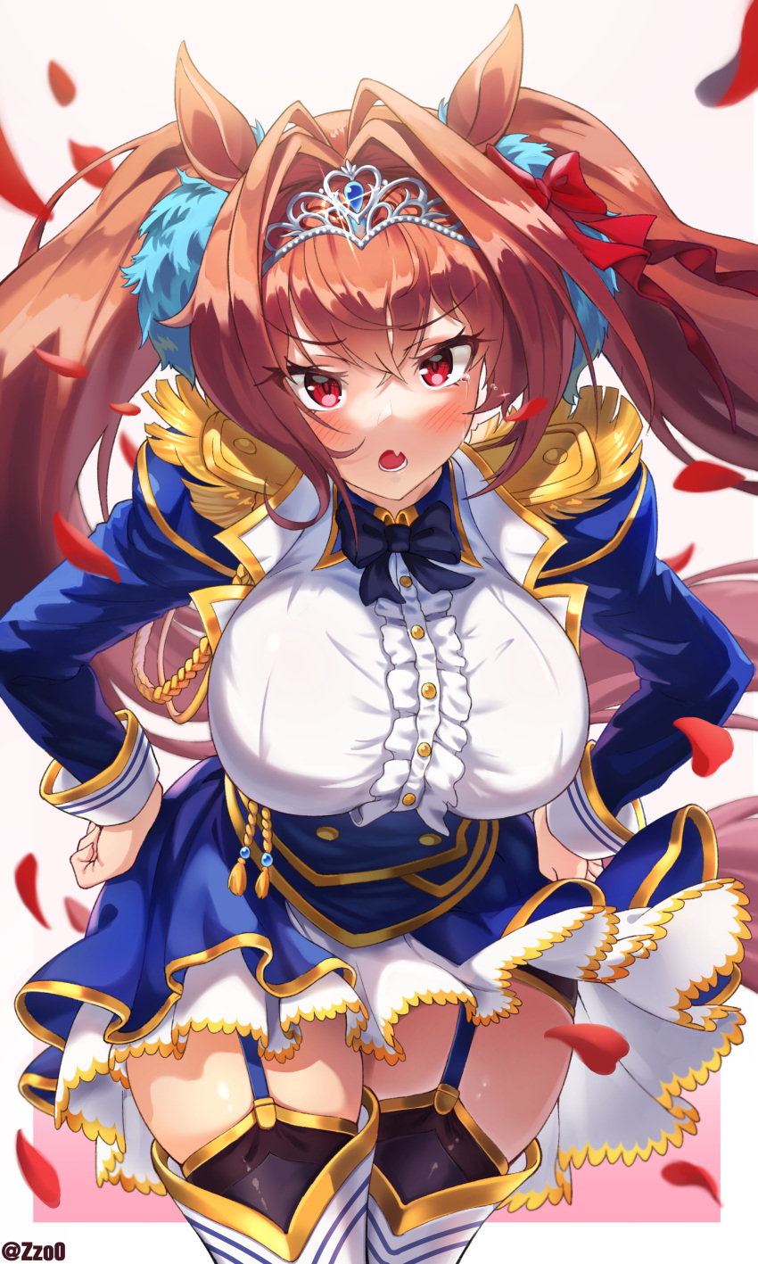 1girl absurdres animal_ears blue_dress blush bow bowtie breasts brown_hair buttons center_frills cowboy_shot daiwa_scarlet_(umamusume) dress epaulettes fang frills garter_straps hair_bow hair_intakes hair_ornament hands_on_hips highres horse_ears horse_girl horse_tail large_breasts long_hair long_sleeves looking_at_viewer open_mouth petals pom_pom_(clothes) pom_pom_hair_ornament red_eyes simple_background skin_fang solo tail tassel thighhighs tiara twintails twitter_username umamusume zzo0