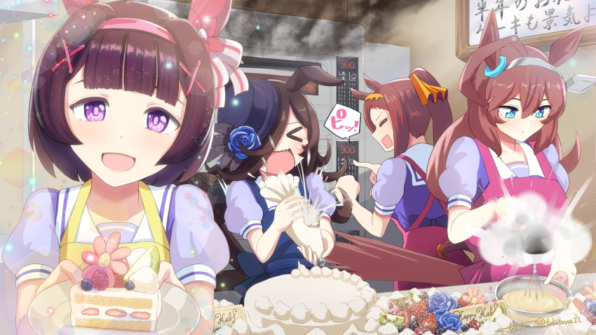 &gt;_&lt; 4girls animal_ears cake food hair_between_eyes hair_ornament hair_over_one_eye headband highres horse_ears looking_at_viewer mihono_bourbon_(umamusume) motion_lines multiple_girls nishino_flower_(umamusume) open_mouth oven plate rice_shower_(umamusume) sakura_bakushin_o_(umamusume) school_uniform short_hair smoke takotoma22 umamusume x_hair_ornament