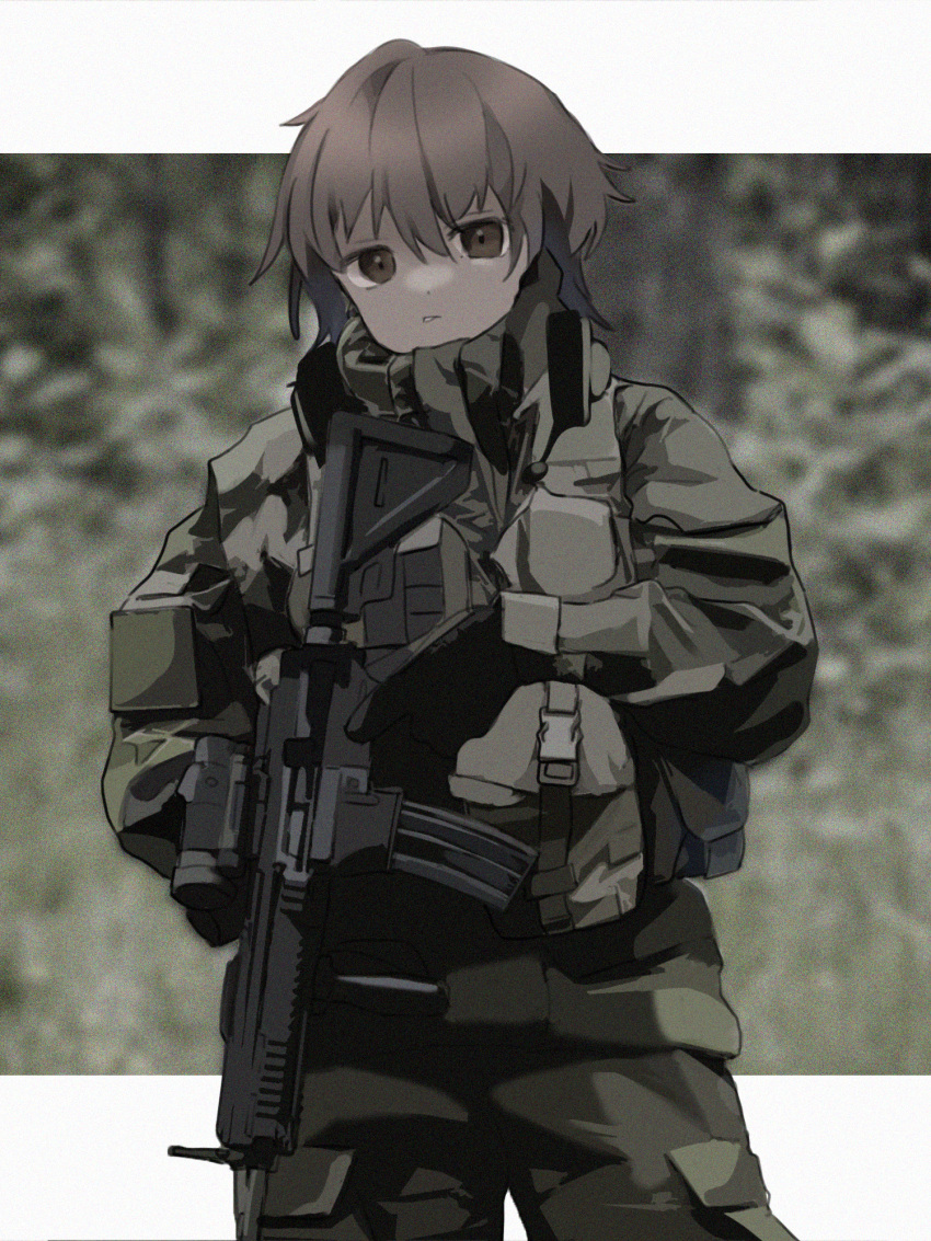 1girl annoyed assault_rifle bangs black_gloves blurry blurry_background brown_eyes brown_hair commentary_request cowboy_shot dmj_neco foregrip gloves green_jacket green_legwear gun h&amp;k_hk416 headset_removed highres holding holding_gun holding_weapon jacket load_bearing_equipment looking_at_viewer original pocket pouch rifle short_hair solo tactical_clothes trigger_discipline weapon