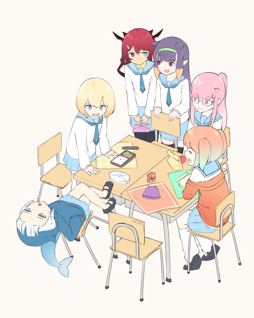 absurdres apple bangs bento bespectacled blonde_hair blue_eyes blue_hair chair desk food fruit gawr_gura glasses highres hololive hololive_english holomyth irys_(hololive) leaning_back long_hair loose_socks mori_calliope multicolored_hair multiple_girls namii_(namialus_m) ninomae_ina'nis open_mouth pantyhose pink_hair pleated_skirt ponytail sailor_collar school_chair school_desk school_uniform serafuku short_hair skirt streaked_hair takanashi_kiara thighhighs toothpick virtual_youtuber watson_amelia younger