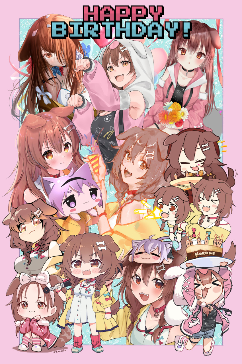&gt;_&lt; 1girl 320_(romsen) :3 :o absurdres alternate_costume animal_ears blush bone_hair_ornament bow breasts brown_eyes brown_hair chibi collaboration collage detached_sleeves dog_ears dog_girl dog_tail dokuro_deluxe doll dress english_commentary fangs fur_trim hair_bow hair_ornament hairband happy_birthday highres holding holding_doll hololive hood hoodie hoso-inu hyde_(tabakko) inugami_korone kayjae kukie-nyan looking_at_viewer maru_ccy medium_breasts mixed-language_commentary moemoepiano nekomata_okayu nillith off_shoulder official_alternate_costume pink_bow pink_hairband pink_hoodie potato7192 ronin_(zeth_total) sitting smile sweater tail tian_nya tsukino_(nakajimaseiki) tube_socks virtual_youtuber white_dress yellow_sweater