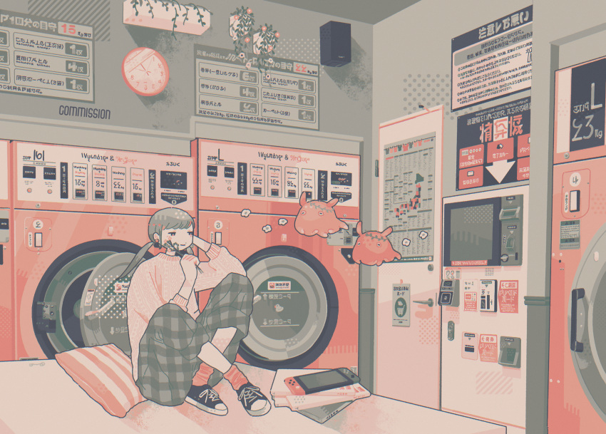 1girl analog_clock bangs black_footwear clock commission crossed_ankles cushion door earrings flower grey_hair grey_pants handheld_game_console highres holding holding_flower indoors jewelry knees_up laundromat light_smile limited_palette long_hair looking_away loose_socks muted_color nintendo_switch omura06 on_table original pants pants_rolled_up pink_legwear plaid plaid_pants shadow shoes sitting skeb_commission sneakers socks solo surreal sweater table twintails umbrella_octopus unmoving_pattern wall_clock washing_machine white_sweater