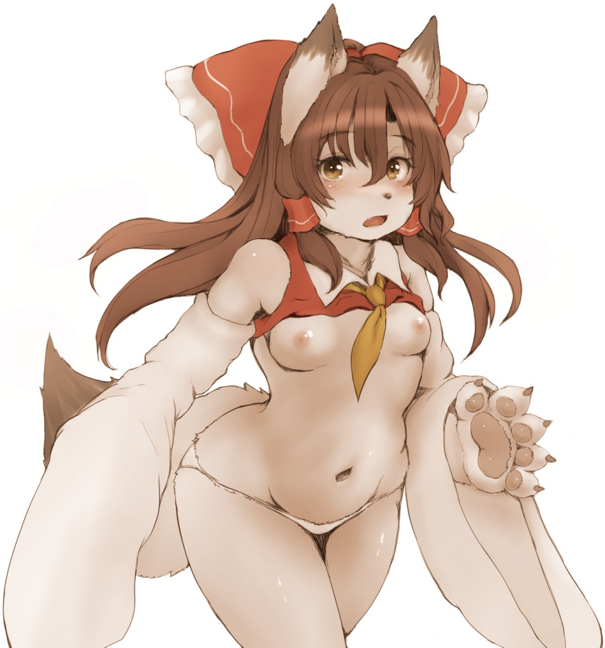 1girl animal_ears bare_shoulders blush bow breasts brown_eyes brown_hair commentary_request dog_ears dog_tail fang furrification furry furry_female hair_bow hair_ornament hair_tubes hakurei_reimu hawthorn highres japanese_clothes long_hair looking_at_viewer miko navel nipples no_bra open_mouth panties red_bow shiny shiny_hair simple_background small_breasts solo standing tail touhou underwear white_background white_panties