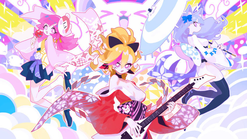3girls abstract_background absurdres animal_ear_fluff animal_ears animal_print bangs bear_hair_ornament black_bow black_choker black_legwear blonde_hair blue_bow blue_hair blue_skirt bow breasts bright_pupils bunny_print burou_(muse_dash) candy candy_apple cat cat_ears choker cleavage cloud commentary_request cowboy_shot earrings electric_guitar floating_hair floral_print flower food from_side full_body furisode guitar hair_between_eyes hair_bow hair_ornament high_ponytail highres holding holding_candy holding_food holding_instrument holding_umbrella instrument japanese_clothes jewelry kimono liba_(leo8d) long_hair long_sleeves looking_at_viewer marija_(muse_dash) miniskirt multicolored_hair multiple_girls muse_dash music obi off_shoulder official_art open_mouth outline pink_eyes pink_hair pink_kimono playing_instrument pleated_skirt print_kimono purple_bow red_kimono red_nails rin_(muse_dash) sandals sash short_kimono skirt socks star-shaped_pupils star_(symbol) star_print streaked_hair symbol-shaped_pupils thighhighs umbrella white_flower white_kimono white_legwear white_pupils