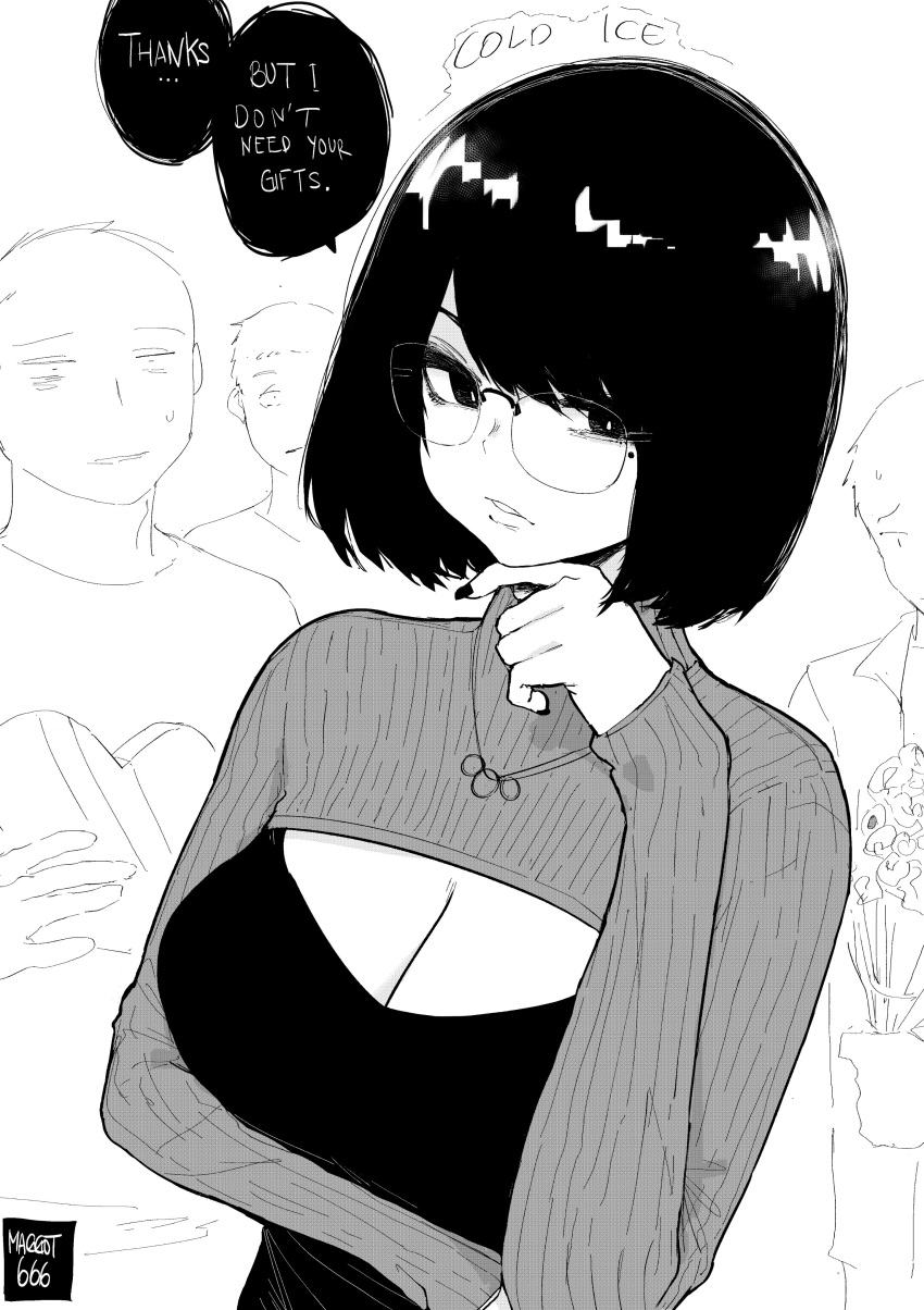 1girl 3boys absurdres arm_under_breasts artist_logo artist_name black_hair black_nails bob_cut breasts bright_pupils cleavage cropped_sweater desyana_laurentia english_text glasses greyscale hands_on_own_chin highres jewelry large_breasts long_sleeves mole mole_under_eye monochrome multiple_boys nail_polish necklace norman_maggot original pursed_lips rejection ribbed_sweater speech_bubble sweater tsurime turtleneck turtleneck_sweater upper_body