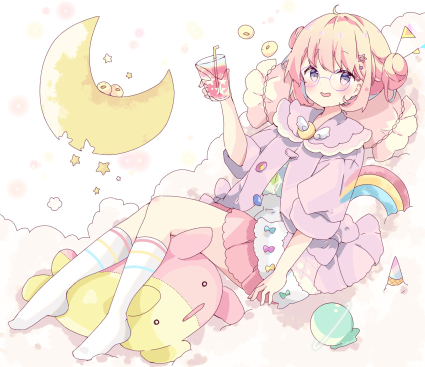 1girl bad_id bad_pixiv_id bangs bendy_straw blonde_hair blush commentary crescent cup double_bun drinking_glass drinking_straw eyebrows_visible_through_hair full_body glasses grey_eyes hand_up highres holding holding_cup jacket looking_at_viewer no_shoes original pillow pink_skirt pleated_skirt purple-framed_eyewear purple_jacket rainbow shirt skirt smile solo striped striped_legwear stuffed_animal stuffed_toy symbol-only_commentary tsukiyo_(skymint) white_legwear white_shirt