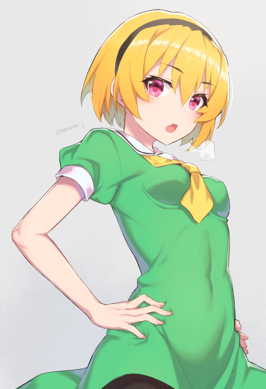 1girl artist_name bangs blonde_hair blush breasts collar dress eyebrows_visible_through_hair fang green_dress hair_between_eyes hairband hands_on_hips highres higurashi_no_naku_koro_ni houjou_satoko looking_at_viewer medium_breasts nerune_j open_mouth pink_eyes short_hair signature solo white_collar yellow_neckwear