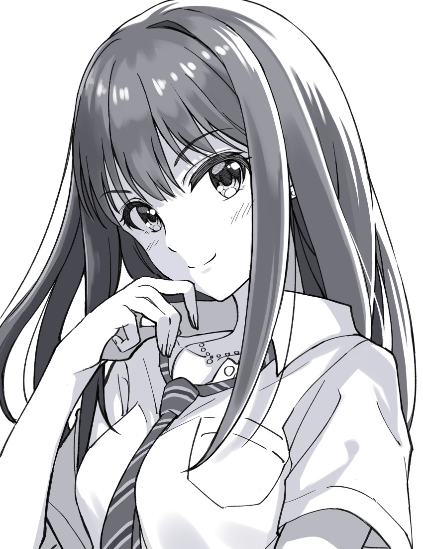 1girl absurdres dress_shirt eyebrows_visible_through_hair greyscale hand_on_own_cheek hand_on_own_face highres idolmaster idolmaster_cinderella_girls jewelry long_hair looking_at_viewer monochrome necklace necktie shibuya_rin shirt short_sleeves simple_background smile solo tazu upper_body white_background