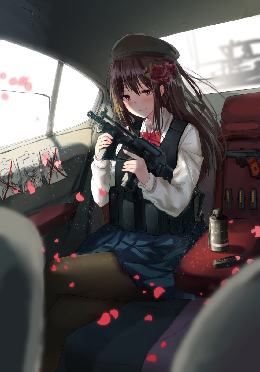 1girl bangs beret black_hair black_headwear black_legwear blue_skirt body_armor bow bowtie closed_mouth commentary dress_shirt gun handgun hat highres holding holding_gun holding_weapon karo-chan long_hair magazine_(weapon) miniskirt original pantyhose petals pleated_skirt pp-2000 red_bow red_bowtie red_eyes shirt sitting skirt smile smoke_grenade solo submachine_gun vehicle_interior weapon white_shirt wing_collar