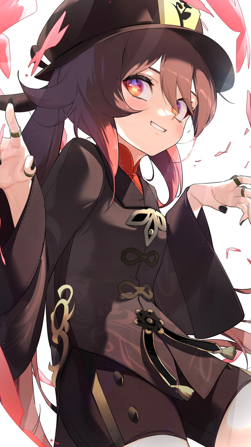 1girl bangs black_coat black_headwear black_shorts blush breasts brown_hair coat coattails flower genshin_impact grin hat hat_flower highres hu_tao_(genshin_impact) kashu_(hizake) long_hair long_sleeves looking_at_viewer plum_blossoms red_eyes shorts small_breasts smile solo symbol-only_commentary symbol-shaped_pupils thighs twintails very_long_hair