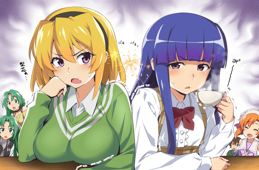 1boy 5girls bare_shoulders blonde_hair blue_hair blush breasts brown_hair closed_eyes collared_shirt cup eyebrows_visible_through_hair fang furude_rika green_eyes green_hair green_shirt hair_between_eyes hat higurashi_no_naku_koro_ni holding holding_cup houjou_satoko large_breasts long_hair long_sleeves maebara_keiichi multiple_girls nakahira_guy open_mouth orange_hair purple_eyes ryuuguu_rena shirt short_hair small_breasts sonozaki_mion sonozaki_shion white_headwear white_shirt