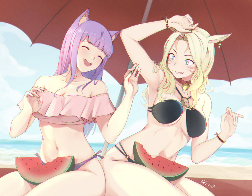 2girls absurdres animal_ears arm_up armpits avatar_(ffxiv) bangs bare_shoulders beach bell bikini black_bikini blonde_hair blue_eyes bracelet breasts cat_ears cleavage closed_eyes commission day earrings eyebrows_visible_through_hair facial_mark final_fantasy final_fantasy_xiv food fruit highres jewelry long_hair looking_at_another medium_breasts miqo'te mismatched_bikini multiple_girls navel neck_bell ocean open_mouth outdoors parasol purple_hair senacolada sitting sky swimsuit umbrella watermelon whisker_markings