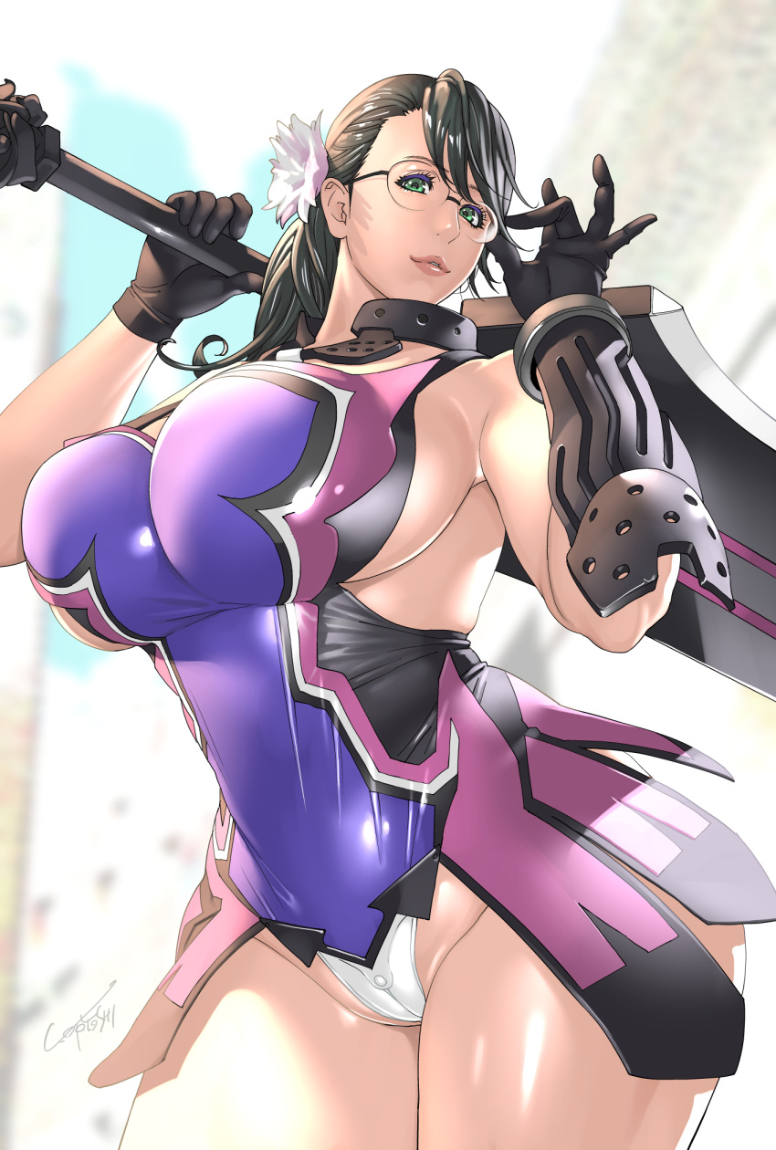 1girl adjusting_eyewear artist_name bangs bare_shoulders breasts brown_hair cattleya commentary_request glasses gloves green_eyes hair_ornament highleg highleg_leotard highres holding holding_sword holding_weapon kotoyoshi_yumisuke large_breasts leotard lips long_hair looking_at_viewer mature_female over_shoulder queen's_blade shiny shiny_clothes shiny_hair shiny_skin signature simple_background sleeveless smile solo sword thighs weapon weapon_over_shoulder
