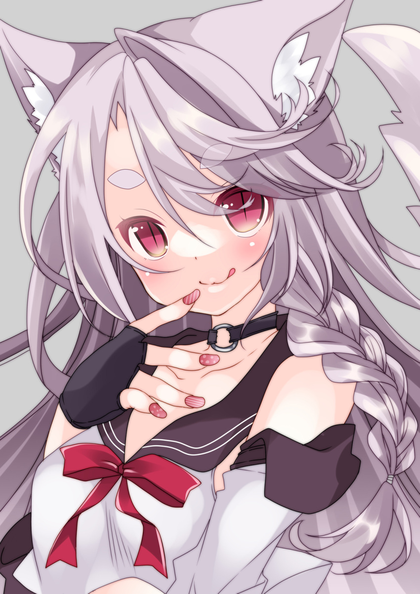 1girl animal_ears azur_lane braid breasts collarbone commentary_request dog_ears fingerless_gloves gloves grey_background grey_hair highres hikanyan licking_lips long_hair looking_at_viewer portrait red_eyes side_braid simple_background solo tongue tongue_out upturned_eyes yuudachi_(azur_lane)