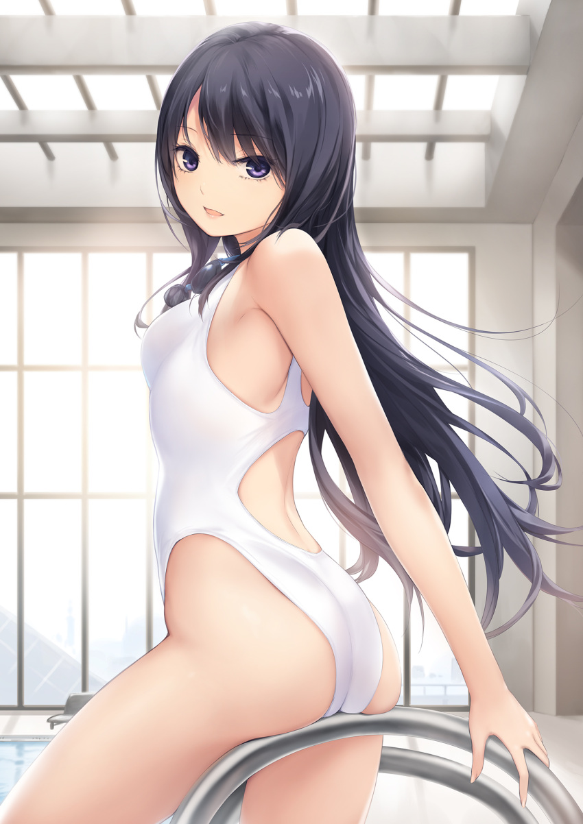 1girl ass bangs bare_arms bare_shoulders black_hair breasts coffee-kizoku commentary_request eyebrows_visible_through_hair fingernails from_side goggles goggles_around_neck highleg highleg_swimsuit highres indoors long_hair looking_at_viewer medium_breasts one-piece_swimsuit open_mouth original pool pool_ladder purple_eyes shiny shiny_hair shiny_skin shiramine_rika smile swimsuit thighs water white_swimsuit
