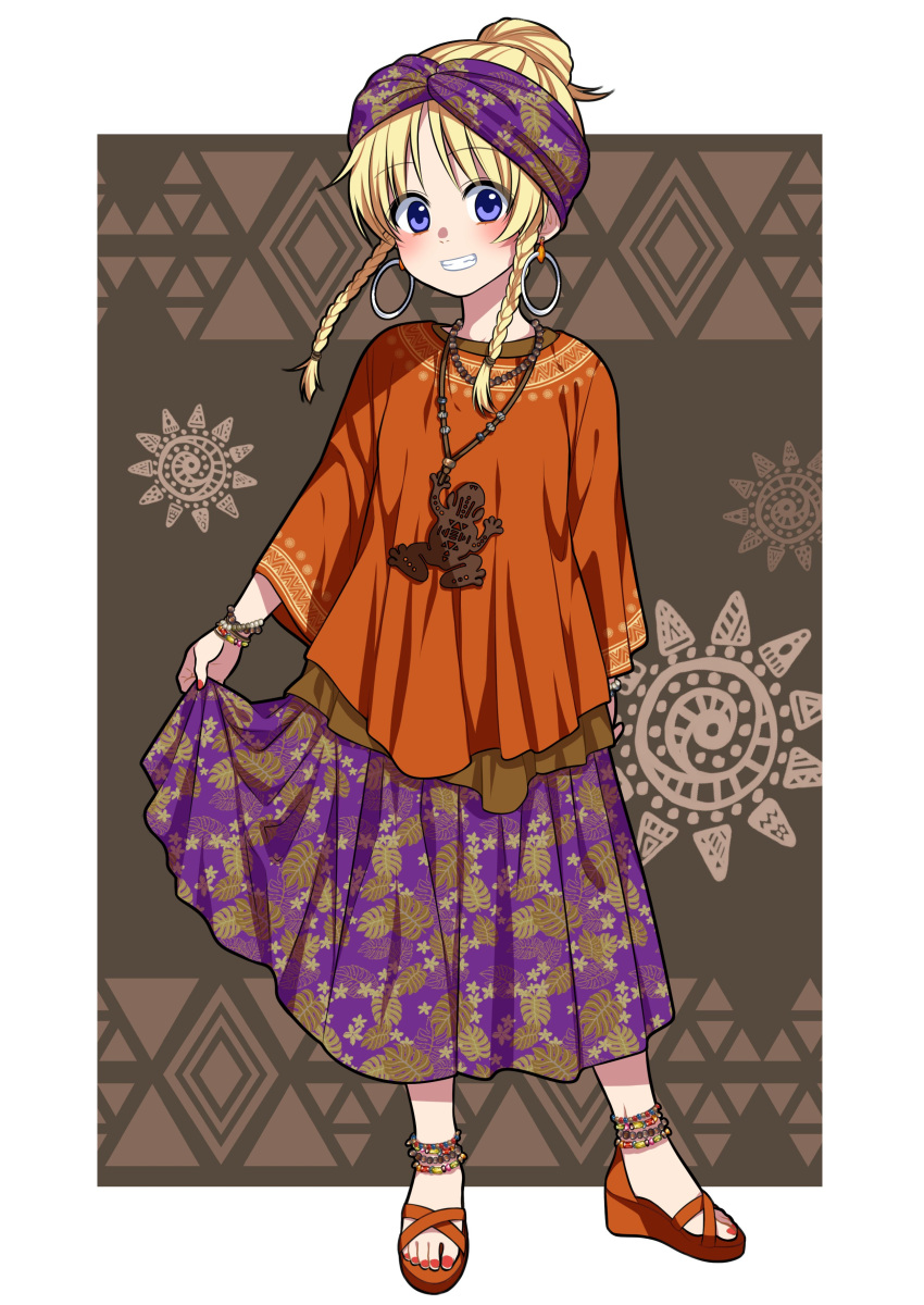 1girl absurdres bandana bangs blonde_hair blue_eyes bracelet braid brown_footwear brown_shirt commentary_request contemporary earrings eyebrows_visible_through_hair full_body grin highres hoop_earrings jewelry long_skirt looking_at_viewer moriya_suwako necklace nora_wanko outside_border purple_skirt sandals shirt short_hair_with_long_locks side_braid skirt skirt_hold smile solo standing touhou