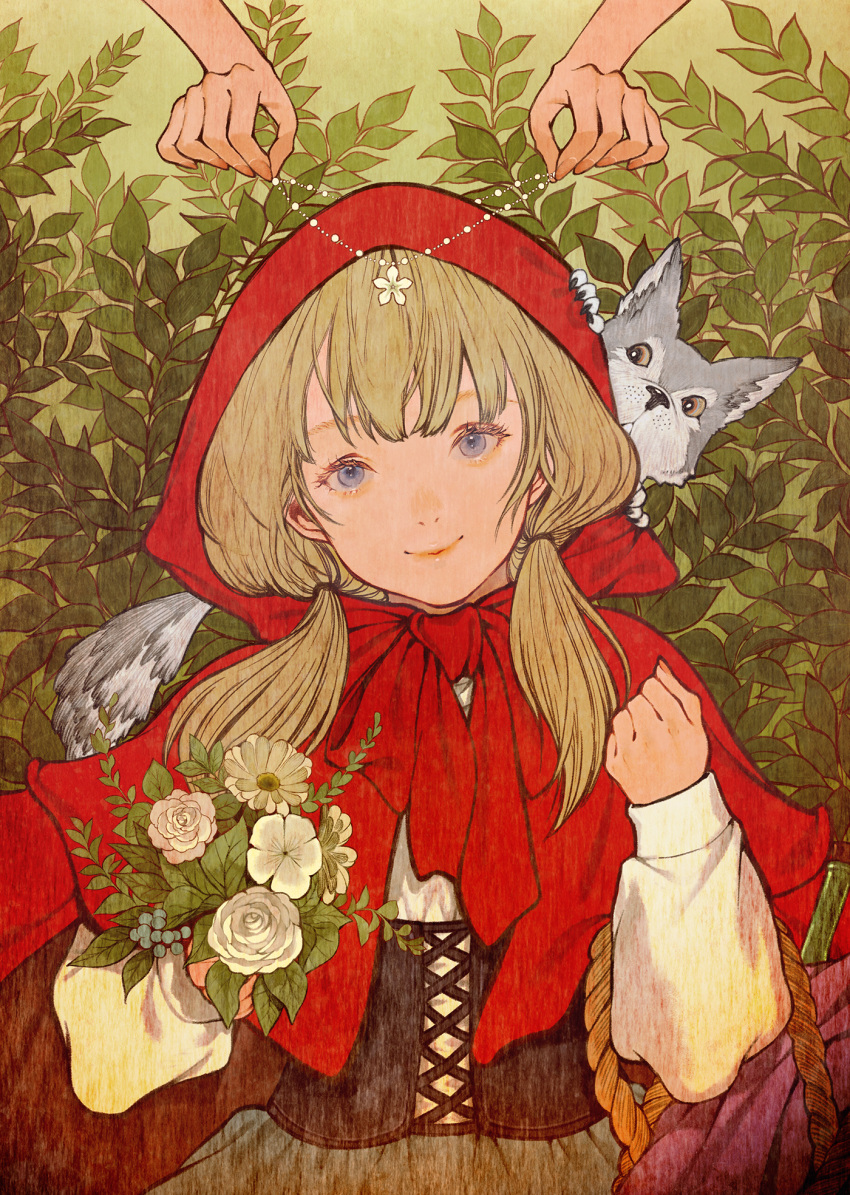 1girl bangs basket blonde_hair flower grey_eyes hands_up highres holding holding_flower hood hood_up leaf little_red_riding_hood little_red_riding_hood_(grimm) long_sleeves looking_at_viewer plant red_hood shirt smile solo upper_body white_flower white_shirt yumeko_(yumeyana_g)