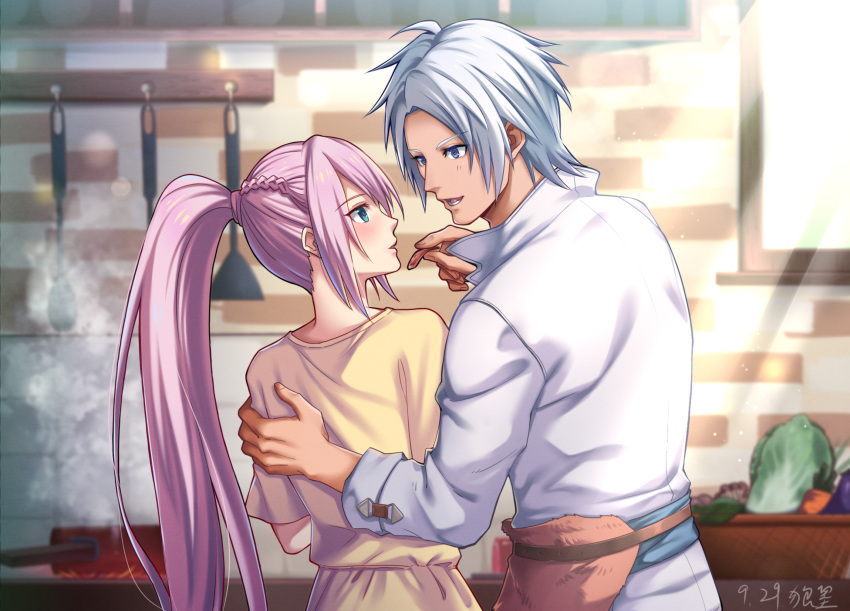 1boy 1girl alphen_(tales) bangs belt blue_eyes blurry blush braid carrot cooking couple dated depth_of_field eyebrows_visible_through_hair food hand_on_another's_back hetero highres holding holding_food kitchen ladle lettuce long_hair looking_at_another pink_hair ponytail popped_collar saucepan shionne_(tales) silver_hair sleeve_cuffs spatula spoilers steam stove sunlight tales_of_(series) tales_of_arise toraji_(tigertime) very_long_hair window