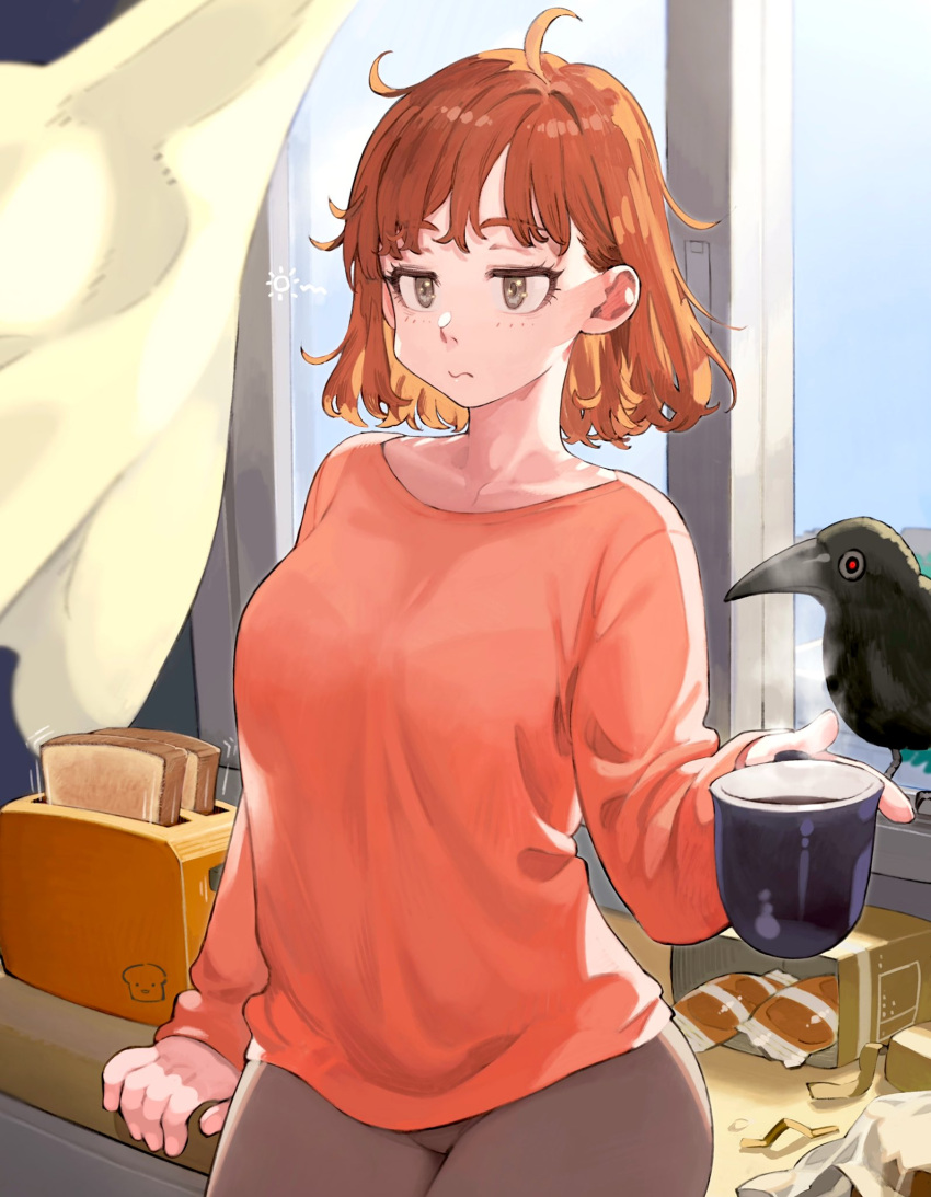 1girl bird breasts coffee coffee_mug commentary crow cup curtains drawer eyebrows_visible_through_hair food highres holding holding_cup indoors jun_(seojh1029) large_breasts leaning_on_table long_sleeves medium_hair messy_hair morning mug original red_eyes red_hair shirt solo steam toast toaster window wrapper