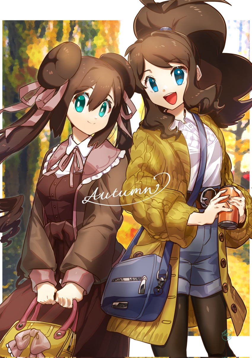 2girls :d alternate_costume antenna_hair bag bangs belt blue_eyes bright_pupils brown_hair brown_legwear buttons can closed_mouth coat collared_shirt commentary double_bun eyebrows_visible_through_hair eyelashes green_eyes grey_bag grey_shorts hair_between_eyes hair_ribbon high_ponytail highres hilda_(pokemon) holding holding_can kamota_(momokomati) long_hair long_sleeves multiple_girls neck_ribbon open_clothes open_coat open_mouth pantyhose pokemon pokemon_(game) pokemon_bw pokemon_bw2 ribbon rosa_(pokemon) shirt shorts shoulder_bag sidelocks smile symbol-only_commentary teeth tied_hair tongue twintails upper_teeth white_pupils white_shirt yellow_coat