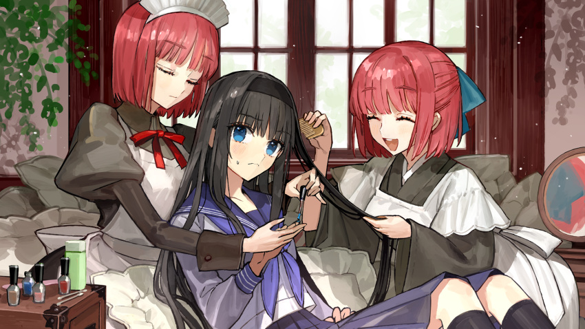 3girls black_hair blue_eyes breasts closed_eyes couch dress highres hisui_(tsukihime) kohaku_(tsukihime) long_hair melty_blood multiple_girls official_art open_mouth red_hair sailor_collar sailor_dress sailor_shirt shirt short_hair small_breasts smile tohno_akiha tsukihime wada_arco window