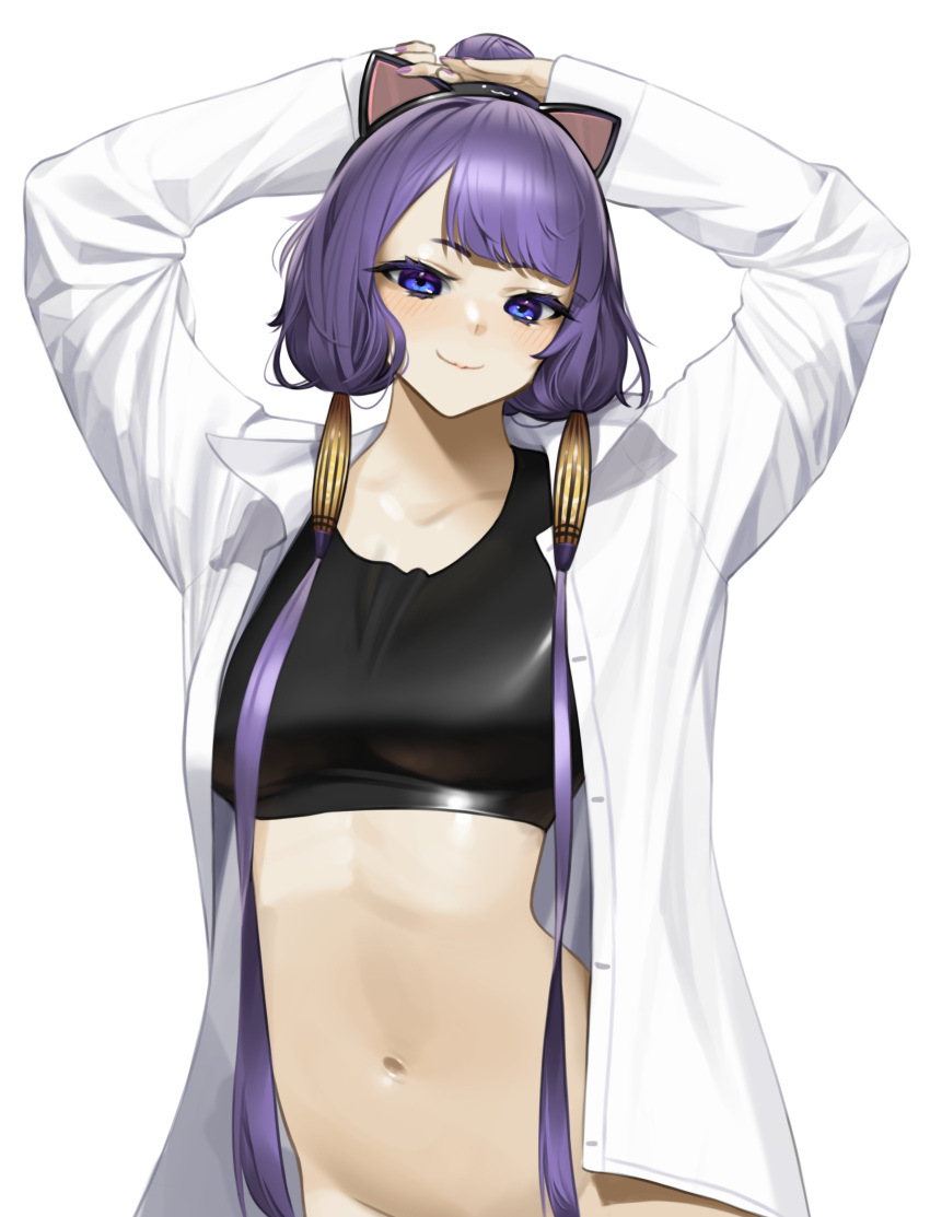 1girl absurdres arms_up black_bra blue_eyes blush bra collarbone collared_shirt fate/grand_order fate_(series) highres katsushika_hokusai_(fate) long_hair looking_at_viewer navel norunollu open_clothes open_shirt purple_hair shadow shirt simple_background smile solo twintails underwear very_long_hair white_background white_shirt