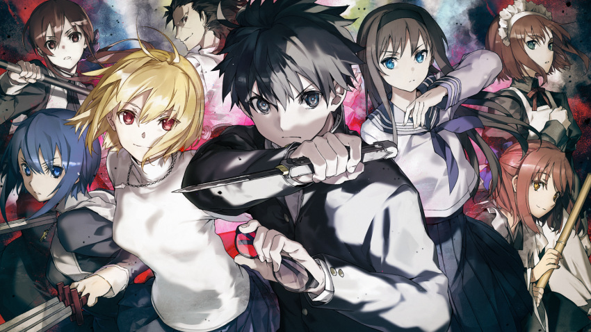 2boys 6+girls antenna_hair arcueid_brunestud bangs black_eyes black_hair black_jacket black_keys_(type-moon) blonde_hair blouse blue_hair blue_neckerchief blue_skirt breasts brown_eyes brown_hair bunbun ciel_(tsukihime) closed_mouth cowboy_shot cross cross_necklace eyewear_removed from_side glasses hair_between_eyes highres hisui_(tsukihime) holding holding_eyewear holding_knife holding_polearm holding_sword holding_weapon jacket jewelry knife kohaku_(tsukihime) long_hair long_sleeves looking_at_viewer looking_back maid maid_headdress medium_breasts melty_blood melty_blood:_type_lumina michael_roa_valdamjong mole mole_under_mouth multiple_boys multiple_girls neckerchief necklace noel_(tsukihime) nun official_art orange_eyes parted_lips polearm red_eyes red_hair reverse_grip sailor_collar school_uniform serafuku short_hair sidelocks skirt smile sweater sword tohno_akiha tohno_shiki tsukihime tsukihime_(remake) turtleneck turtleneck_sweater upper_body wa_maid weapon white_blouse white_sweater